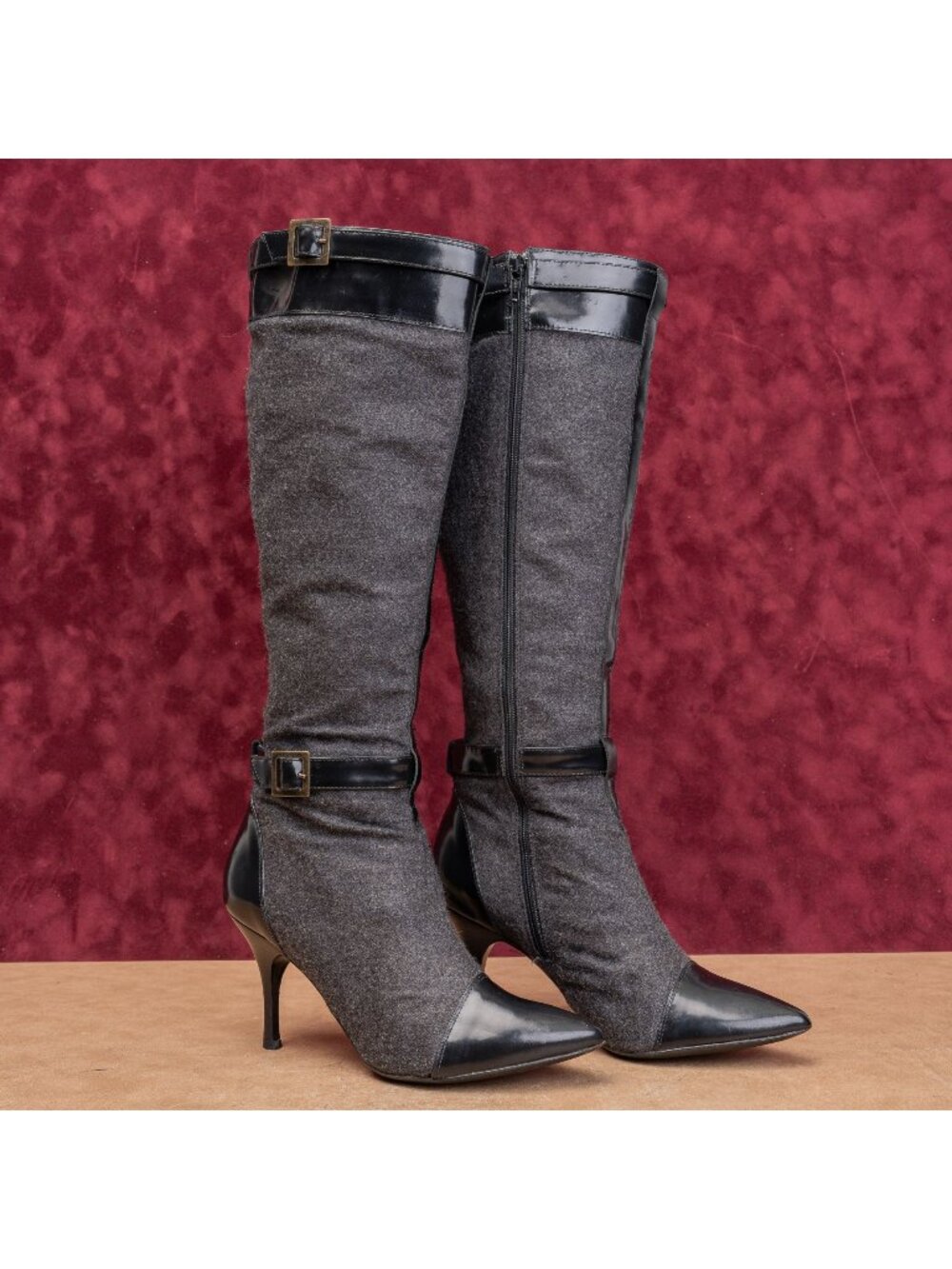 Claudia Ciuti Women Vintage Y2K Black Grey Fabric Fashion Party Zip Boots sz 7.5